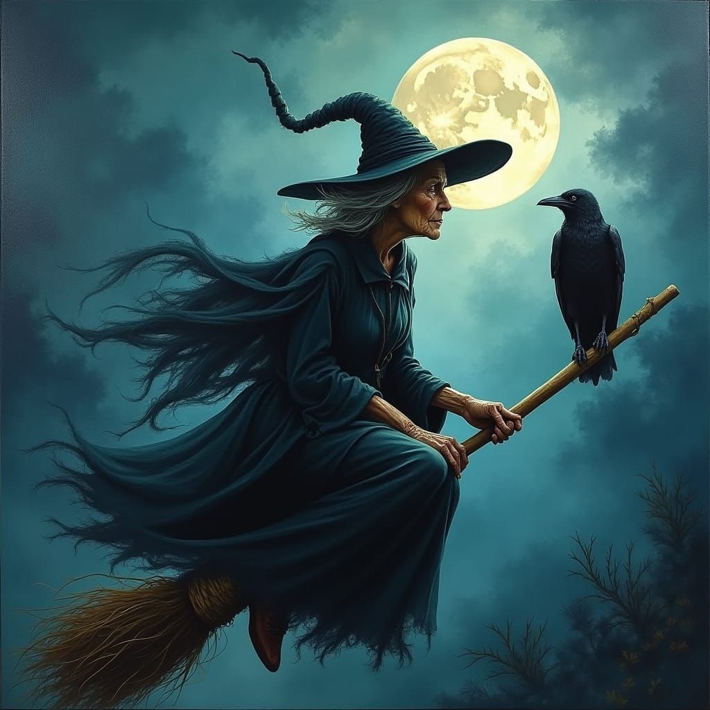 Whimsical Witch Rides Broom in Gouache Watercolor Style