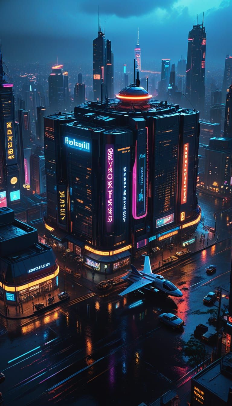 Cyberpunk Metropolis at Night with Neon Lights