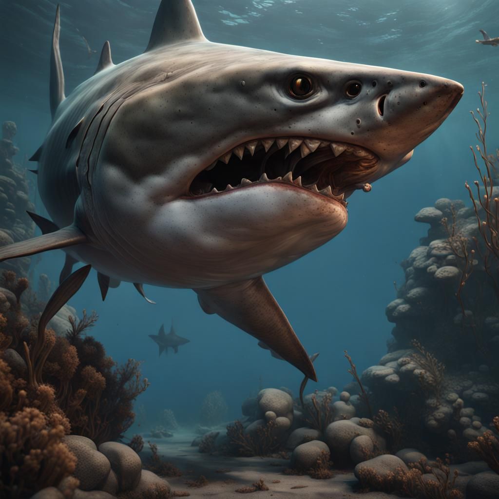 Shark Emerges From Cod Pitcher: Detailed Matte Painting