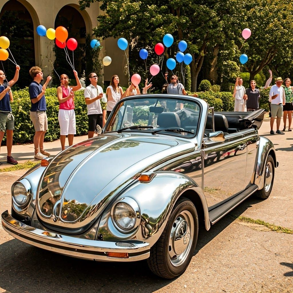 Sleek Chrome Convertible VW Beetle Reflects Vibrant Summer S...