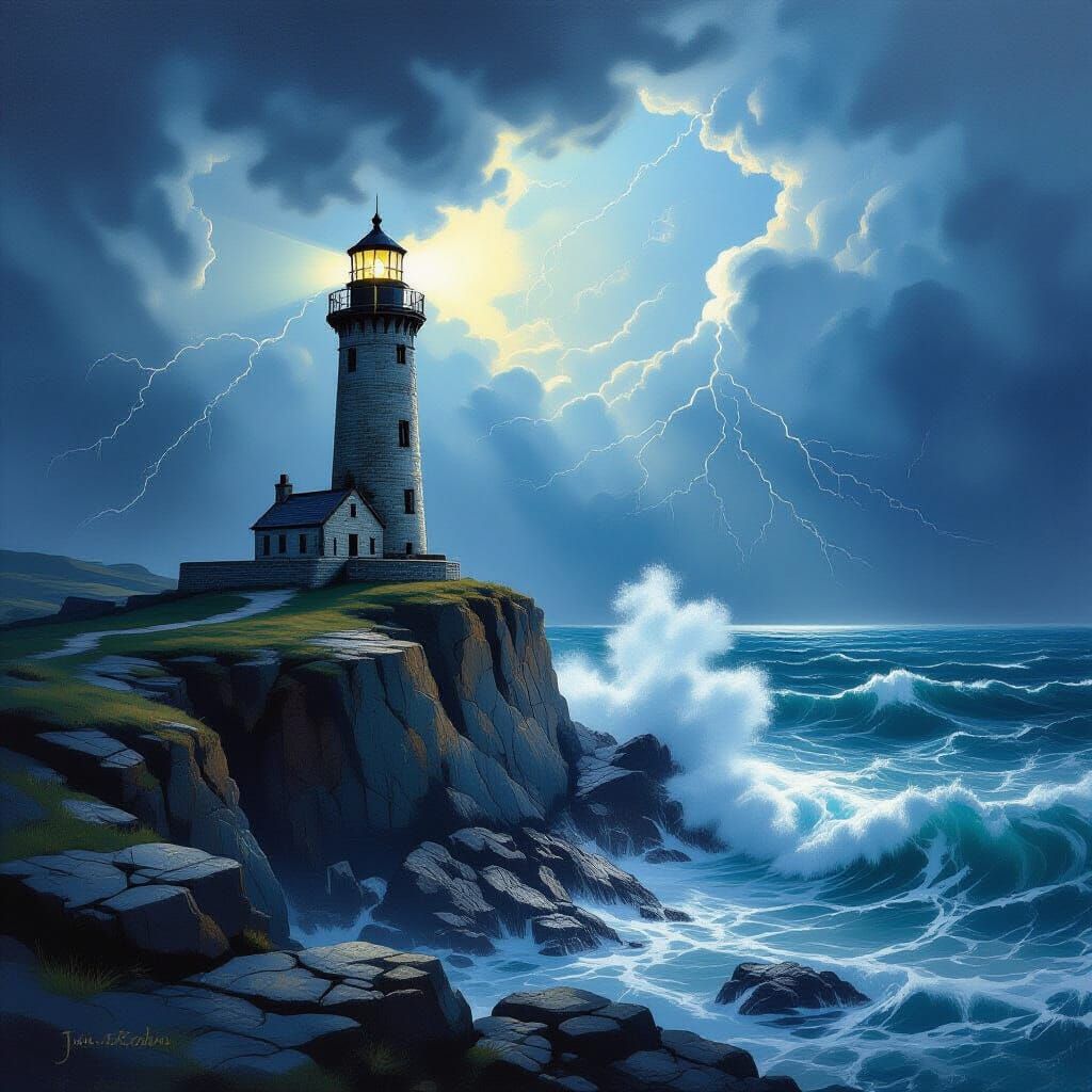 Ancient Lighthouse on Stormy Cliff in Turner Style