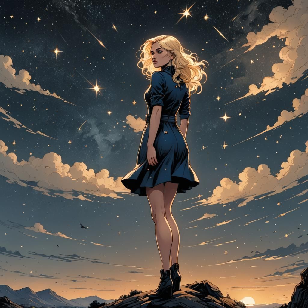 Blond Girl Under Starry Sky, Comic Book Art