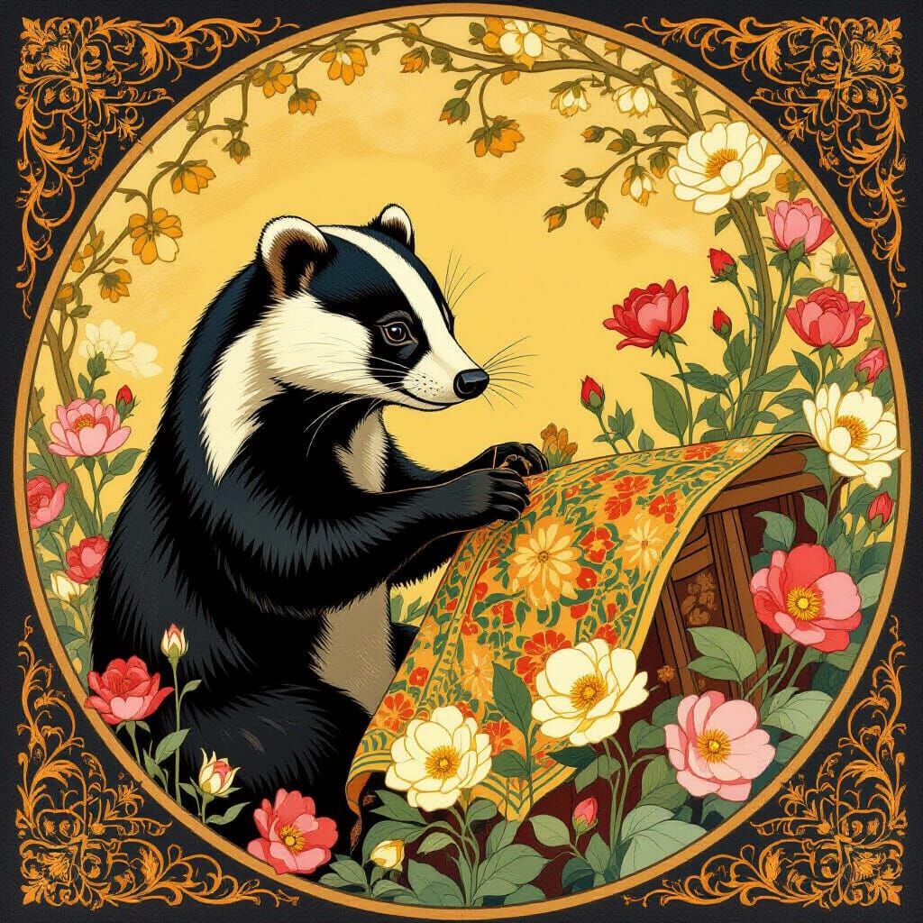 Badger Tailor Stitching Tapestry Amidst Luminous Flowers