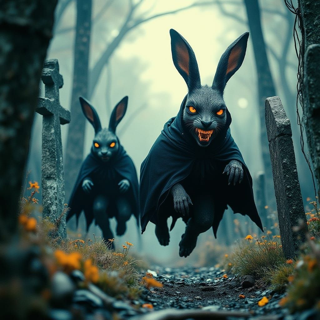 Vampire Bunnies in Cemetery, Whimsical Gothic Style