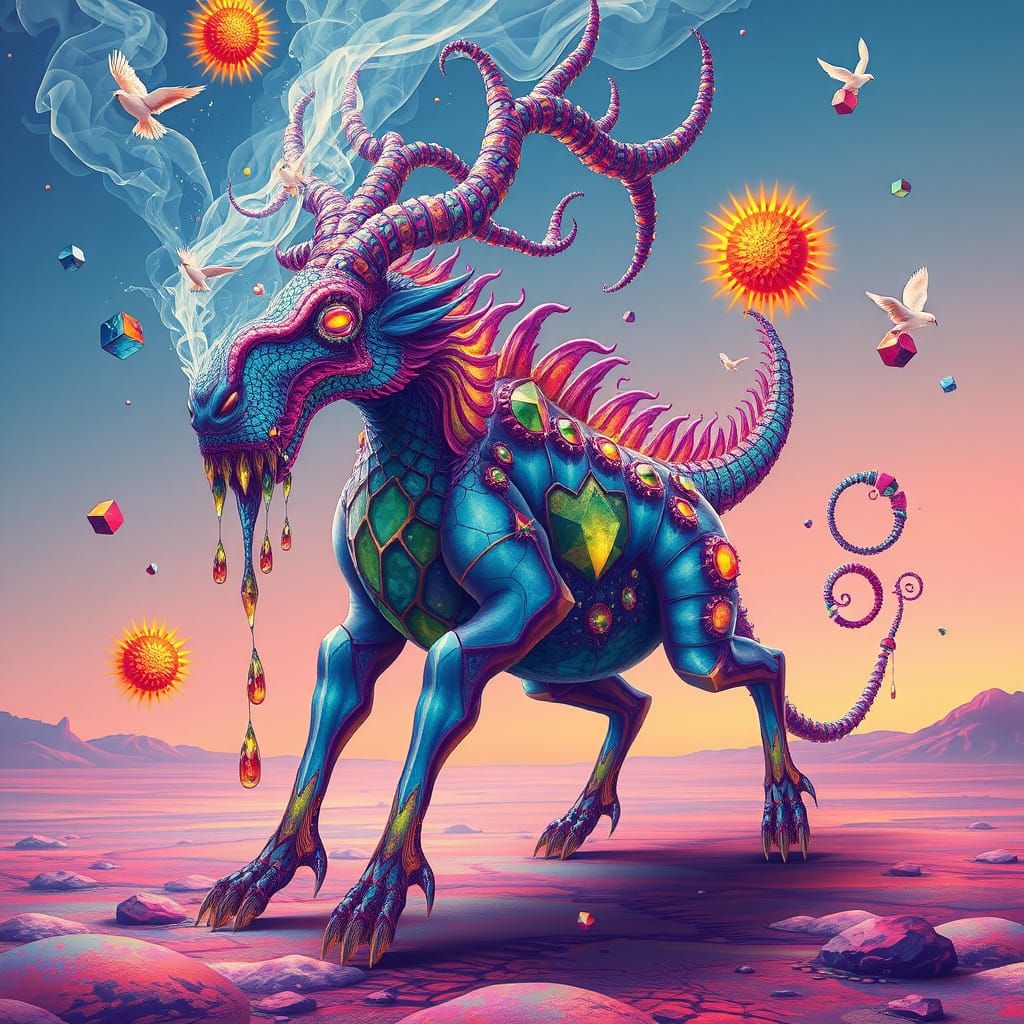 Surreal Jeweled Beast with Fractal Patterns and Crystal Horn...