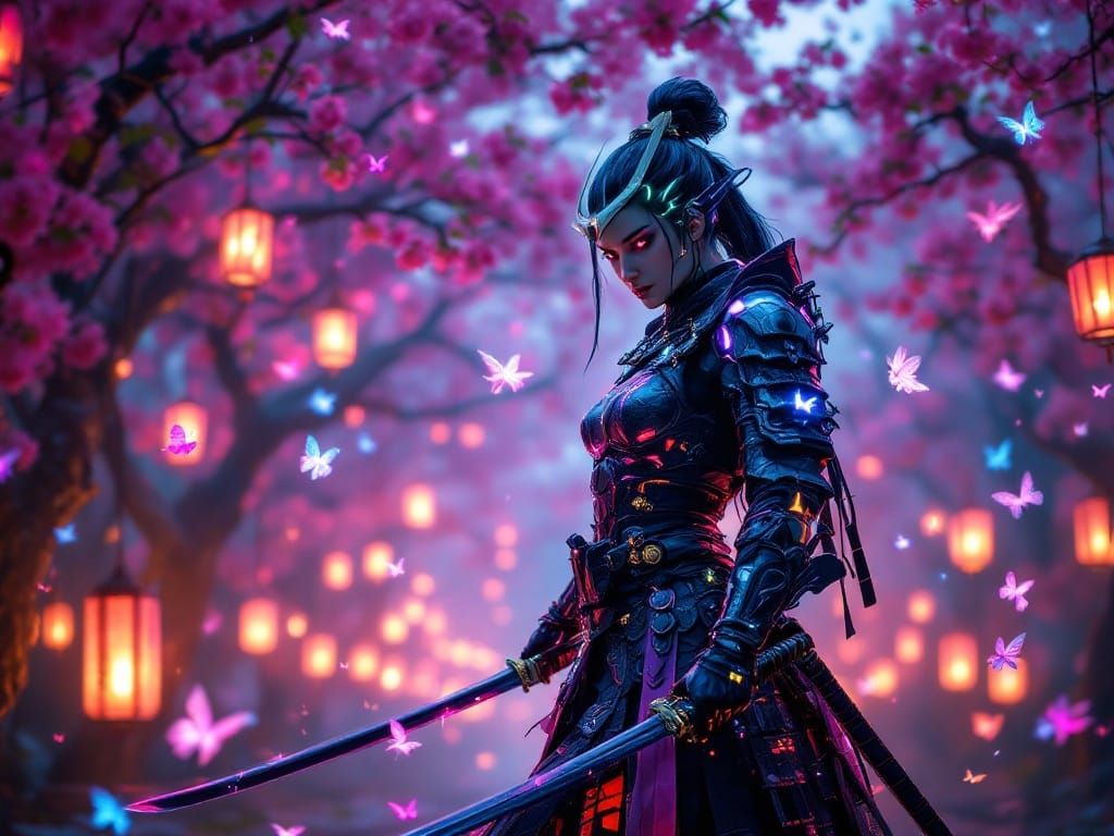 Cyberpunk Samurai Warrior in Neon Cherry Blossom Garden