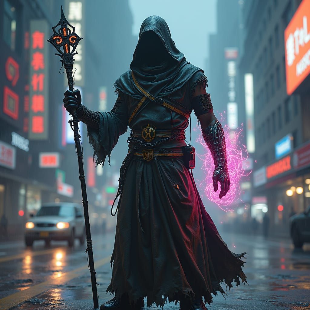 Cyberpunk Priest Unleashes Eldritch Power in Neon City