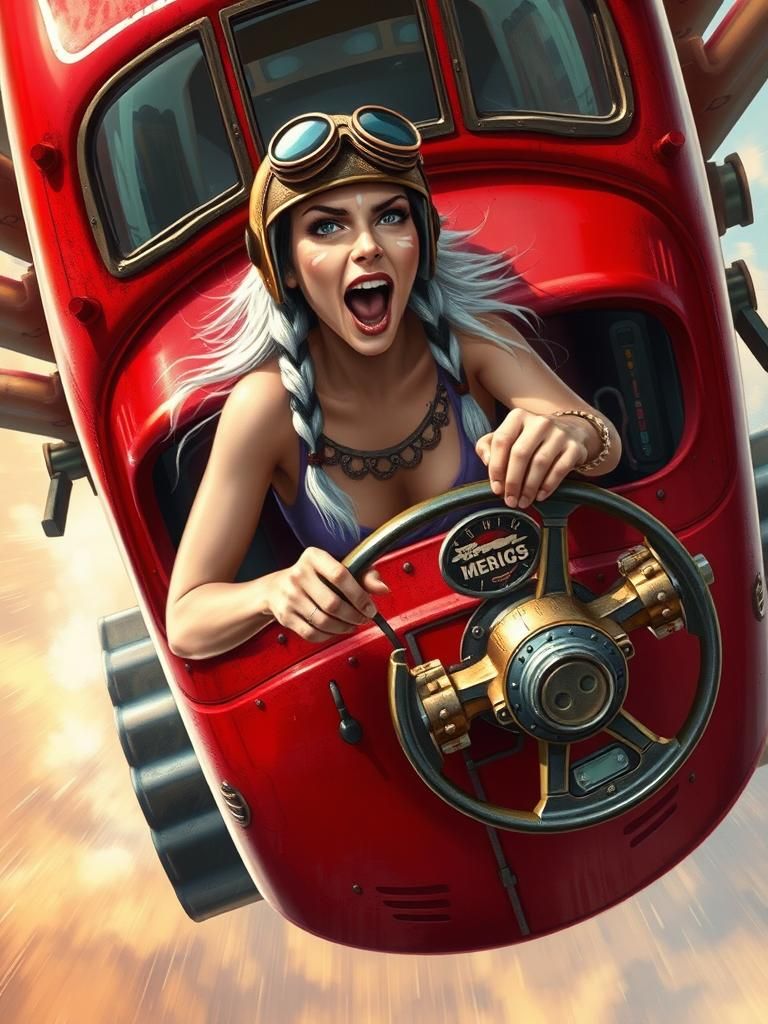 Steampunk Flying Bus with Pilot Screaming, Hyperrealistic