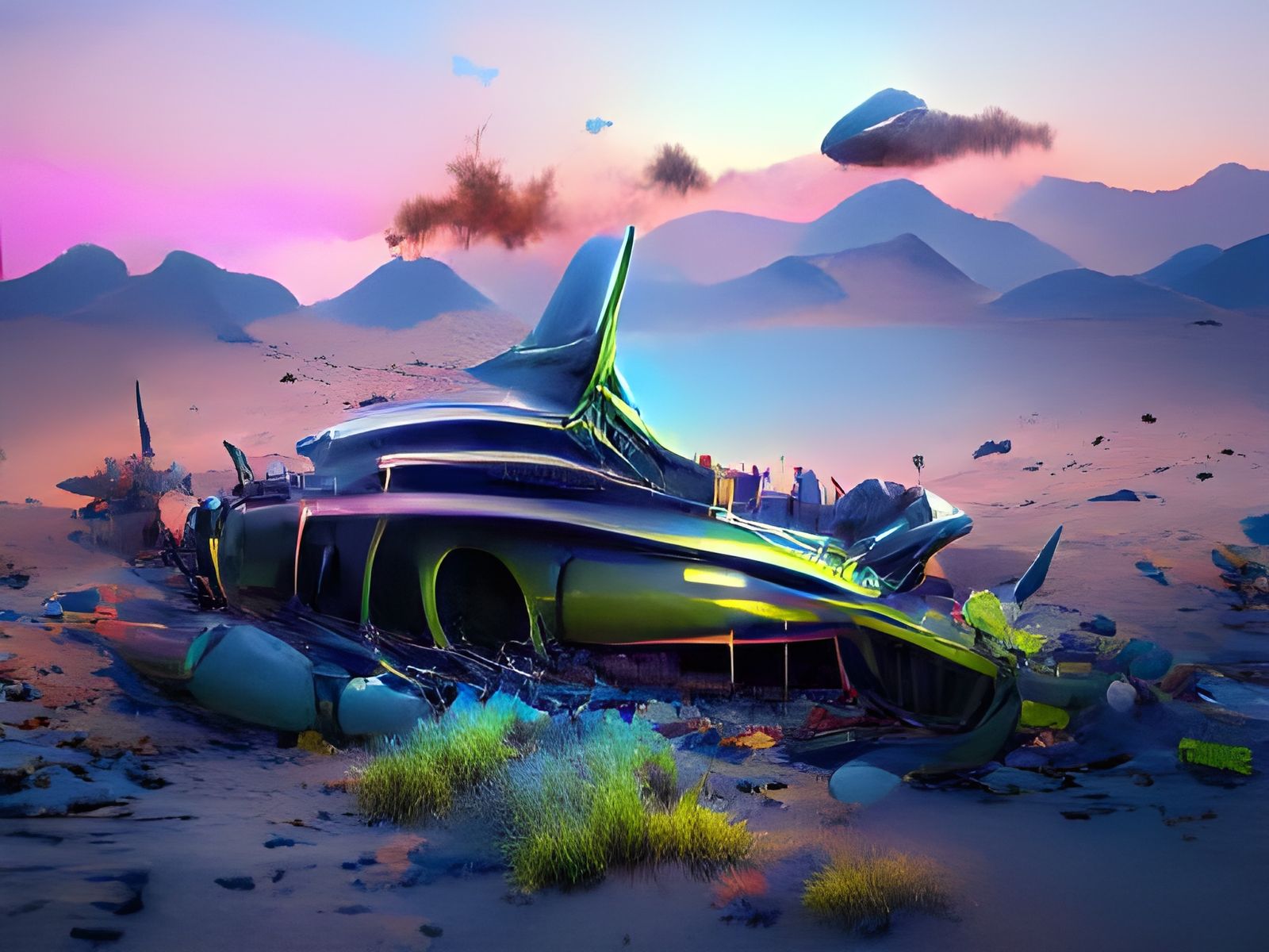 Spaceship Crash on Alien Planet, Maximalist Matte Painting