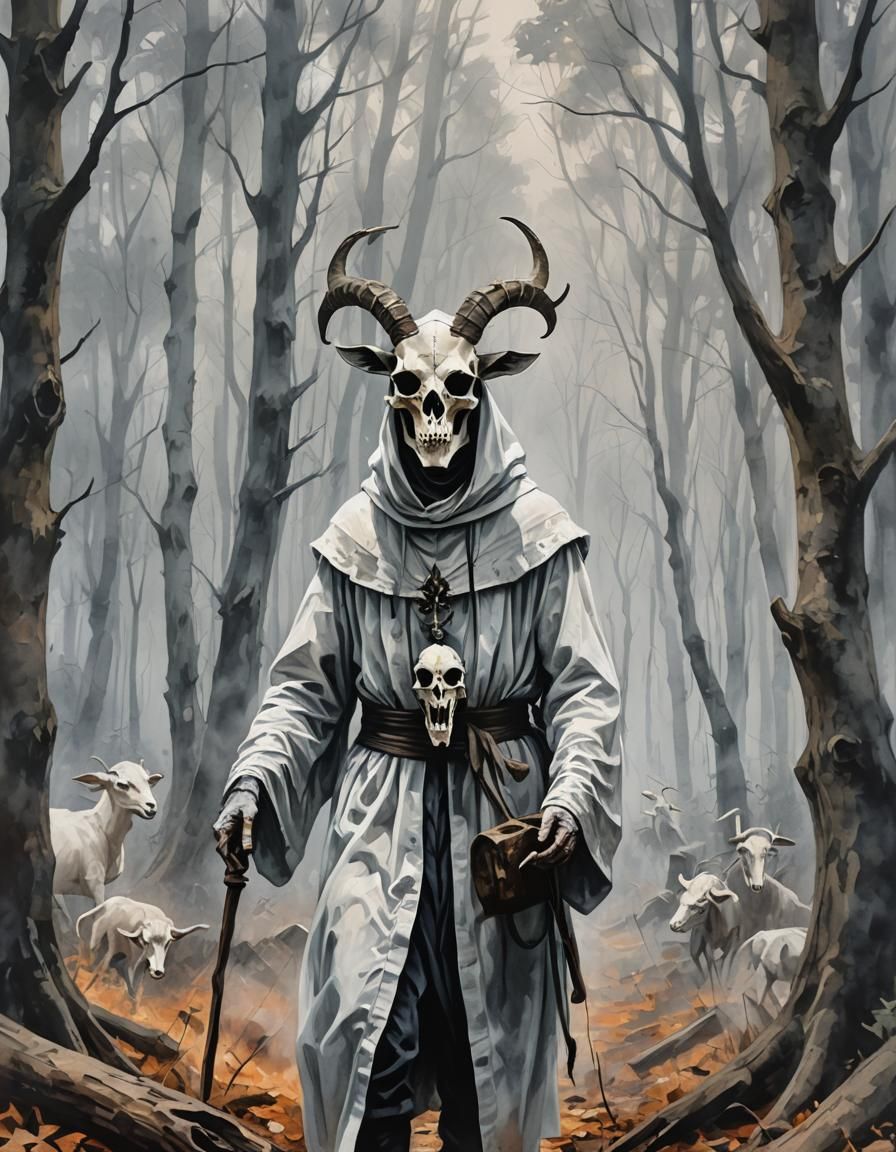 Smokey Forest Cultist in Gouache and Watercolor Style