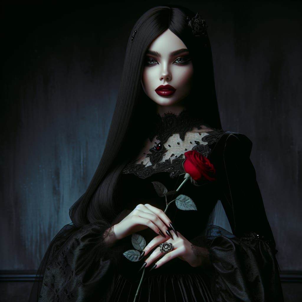 Glamorous Gothic Woman with Red Rose in 4K