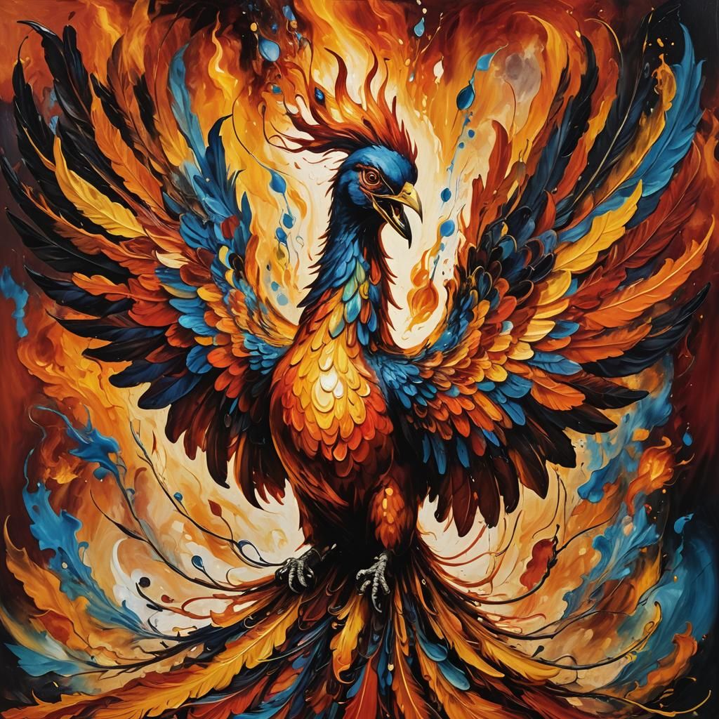 Fiery Phoenix Spreads Wings in Oil Painting