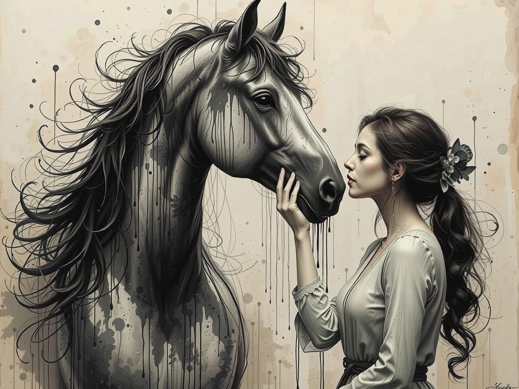 Woman Tenderly Petting Horse in Ink Dripping Art