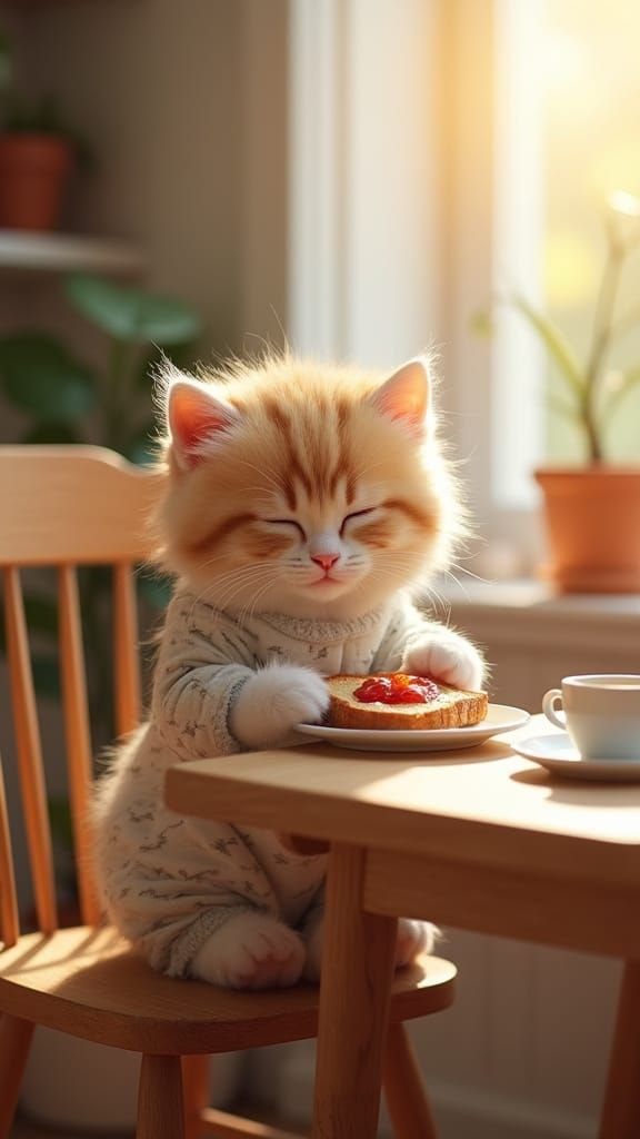 Cute Fluffy Kitten in Pajamas Eats Toast and Coffee