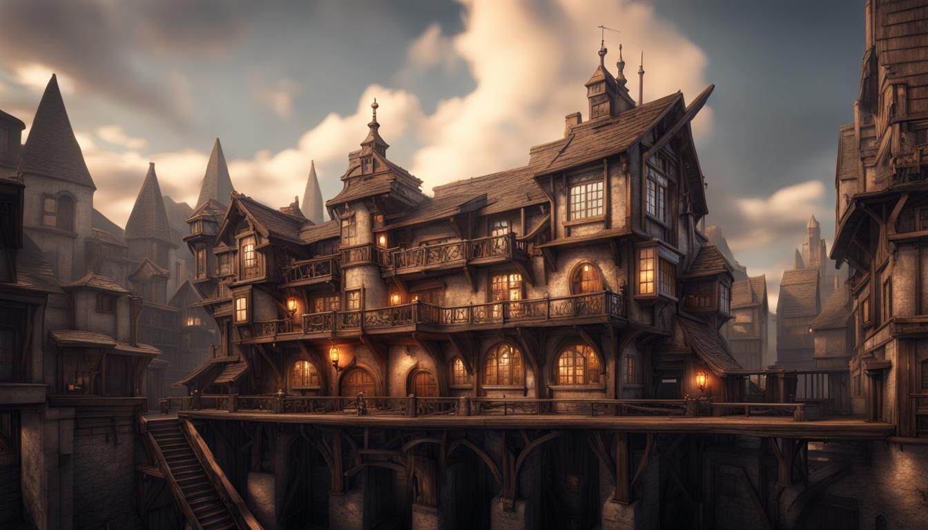 Headquarters of the Guild of Thieves, fantasy medieval building, multi-story house, highly detailed steampunk architectu...
