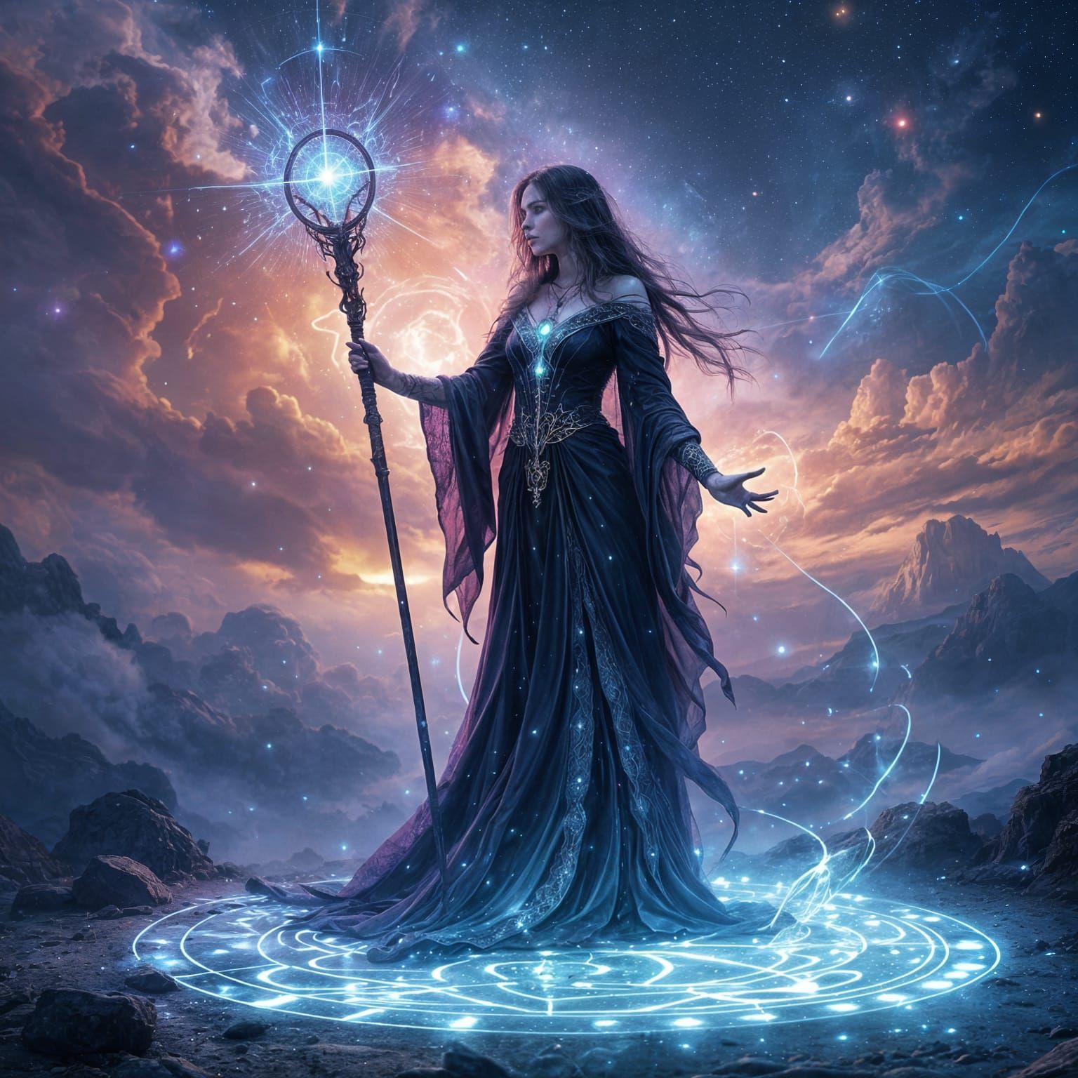 Ethereal Witch Casts Cosmic Spell Under Starry Skies