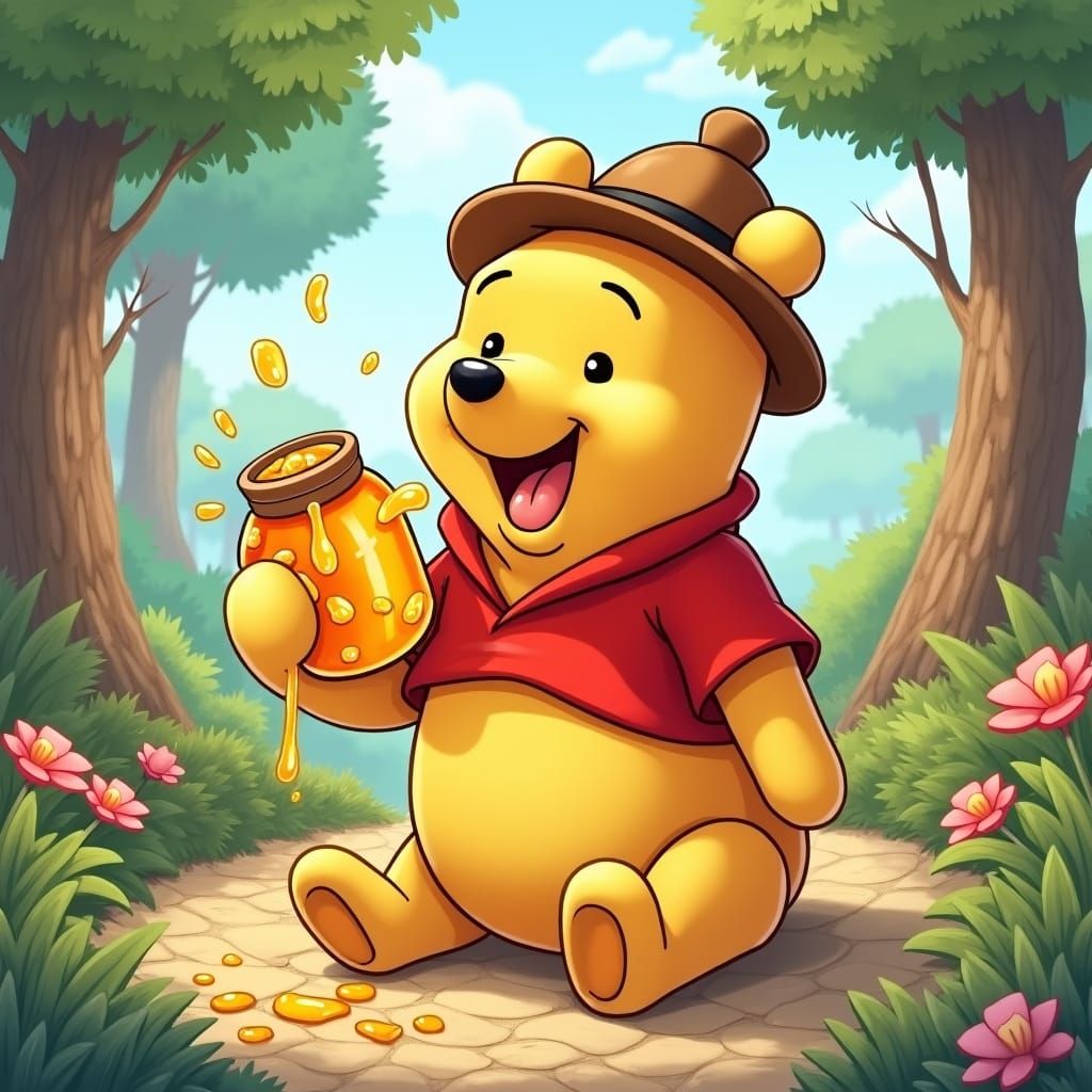 Winnie the Pooh Enjoys Honey in Anime Style