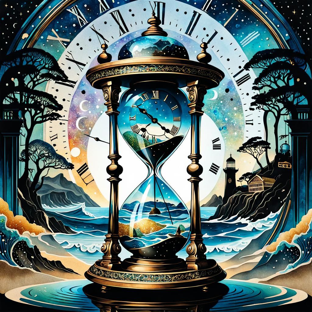 Ornate Hourglass with Ocean Scenes in Watercolor Art