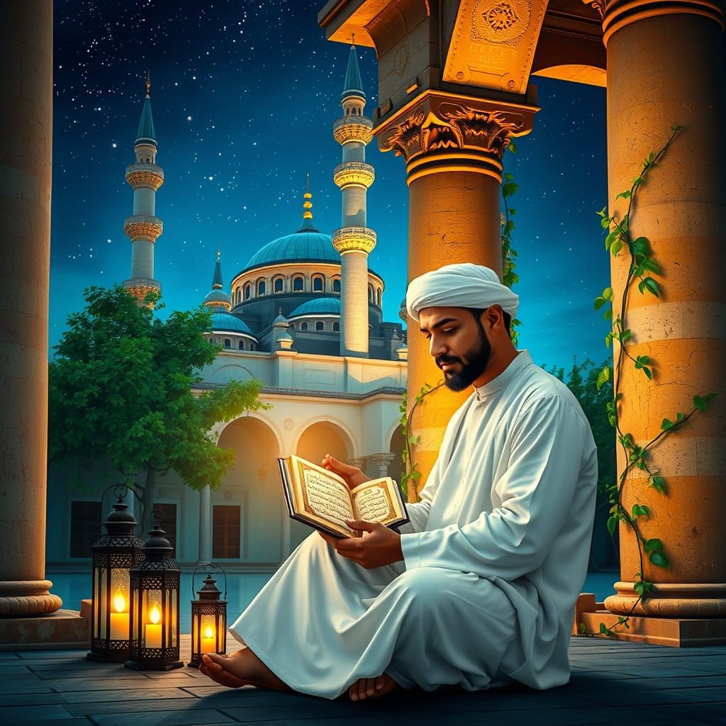 A Muslim Reading the Qur'an in a Tranquil Blue Mosque Courty...