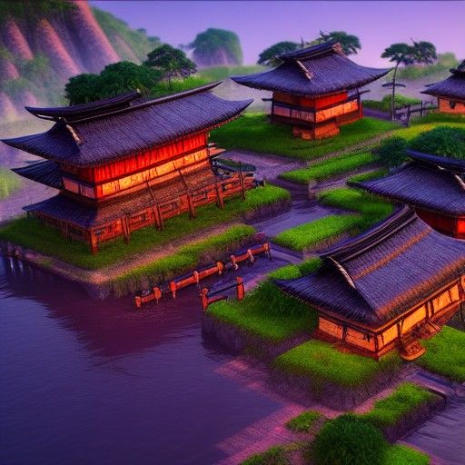 Pirate Samurai Farm Village Landscape in Cel-Shaded Style