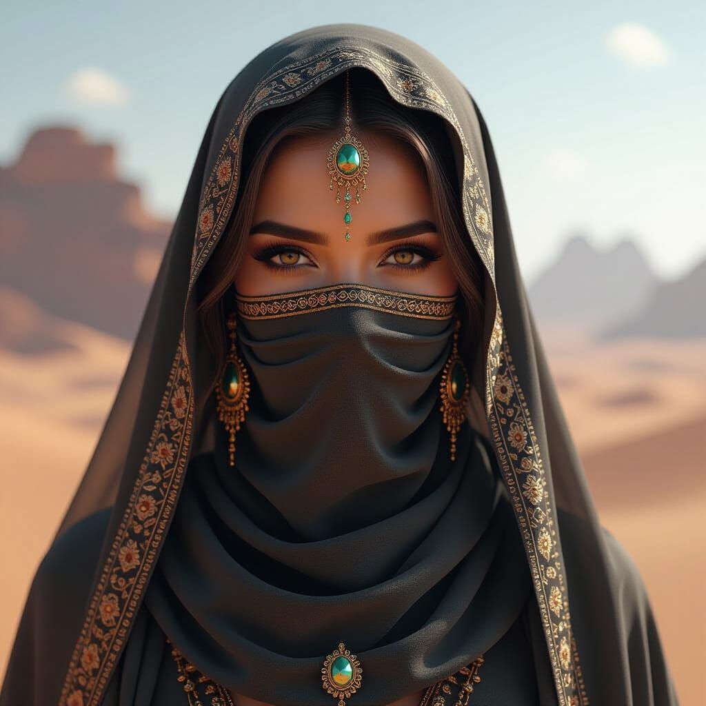 Beautiful Woman in Arab Tunic with Futuristic Jewelry