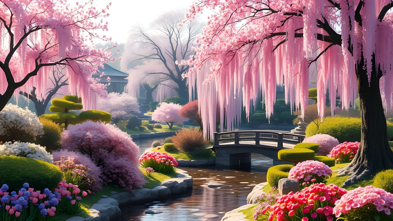 Surreal Japanese Garden Scene with Vibrant Cherry Blossoms
