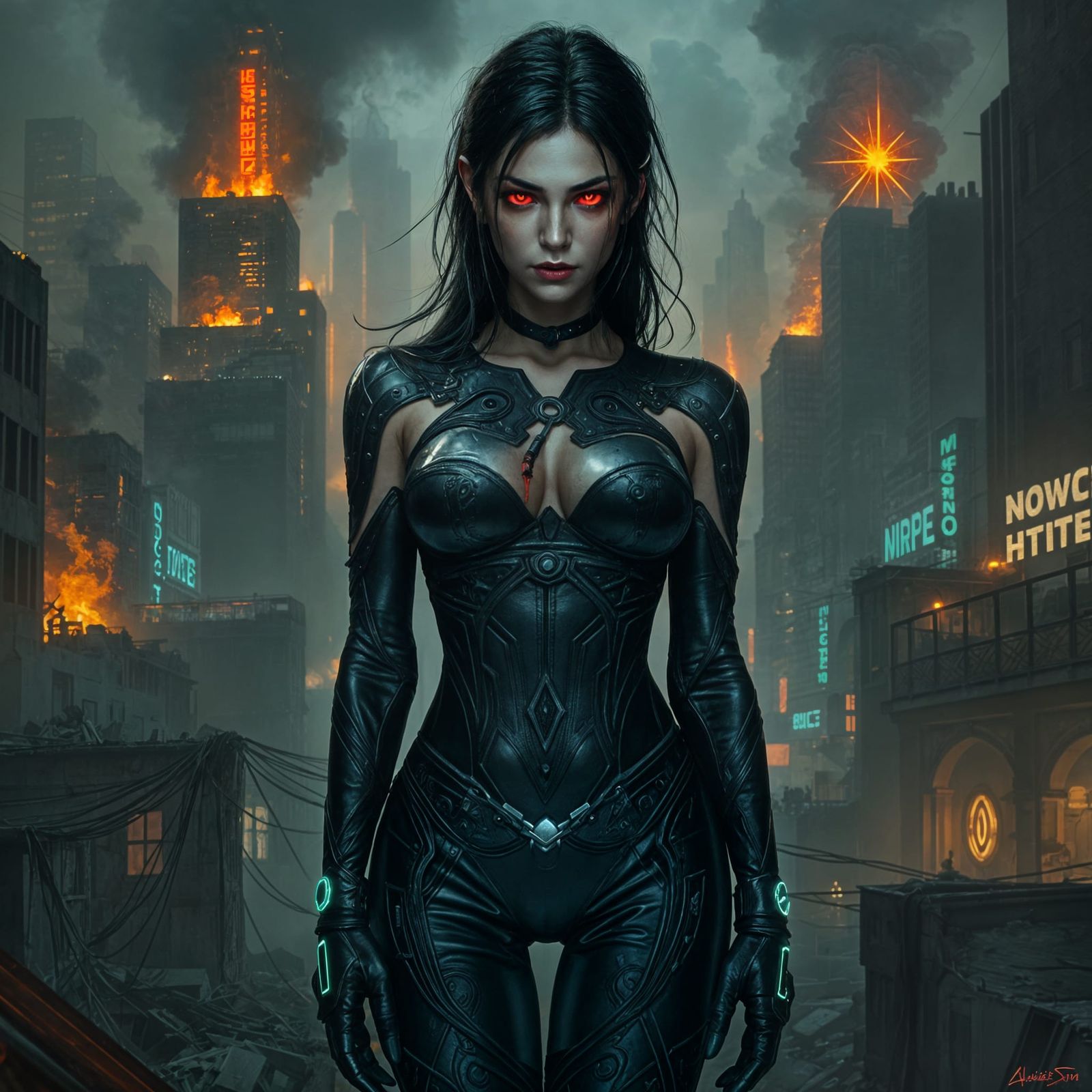 Vampire Hunter in Ruined Cyberpunk Metropolis