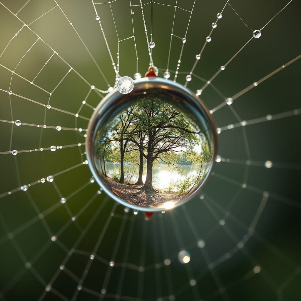 Dewdrop Reflecting Forest in Spiderweb, Hyperrealistic