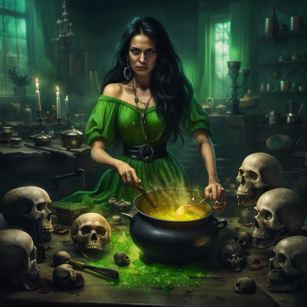 Cinematic Witch Stirring Pot with Skulls