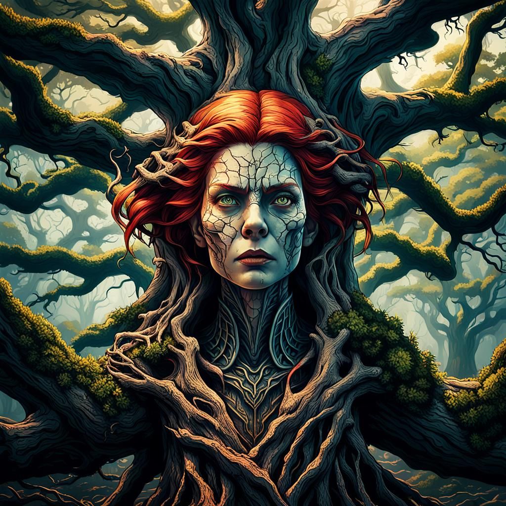 Red-Haired Spirit Trapped in Ancient Oak, Digital Painting