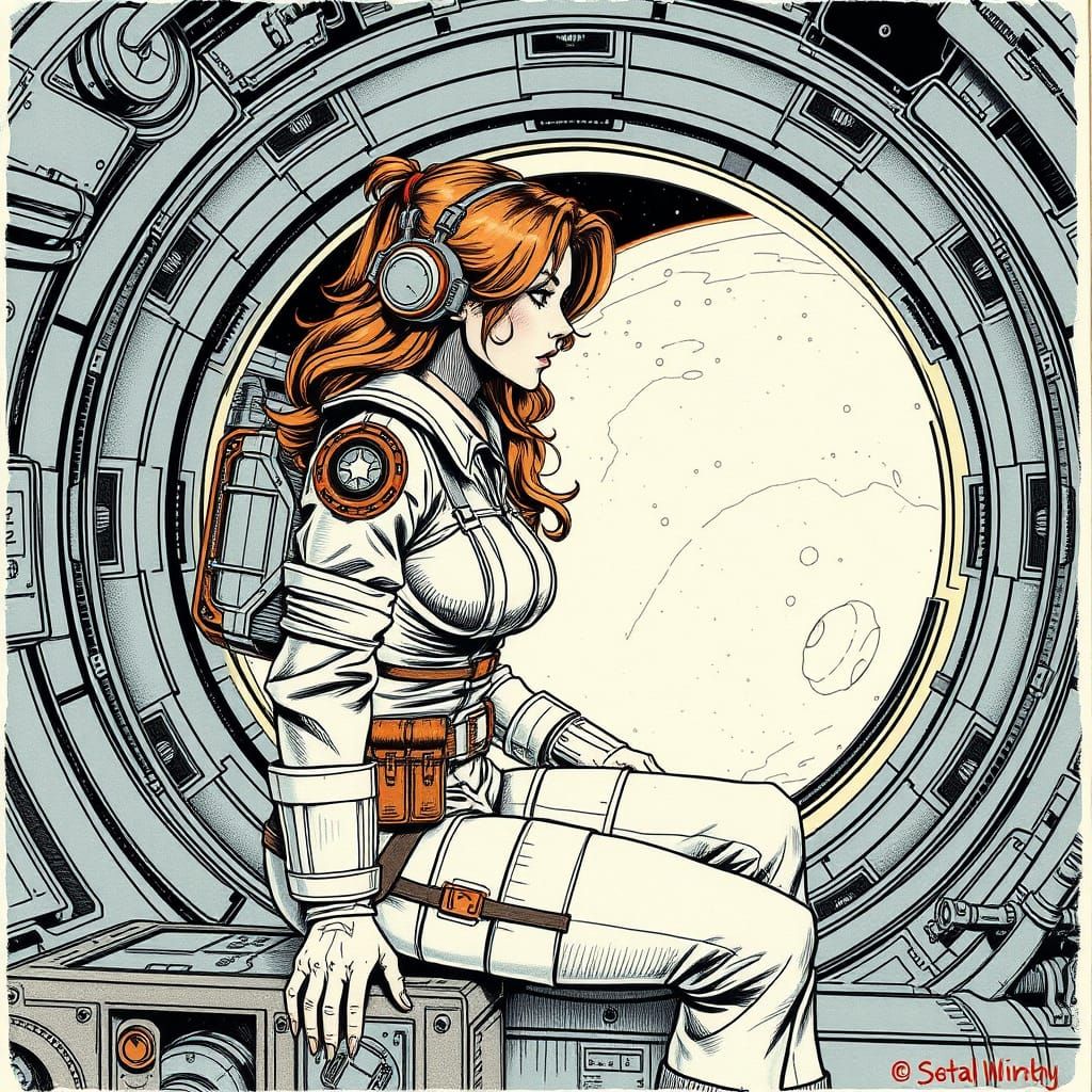 Glamorous Space Trucker in Moebius-Inspired Sci-Fi Universe
