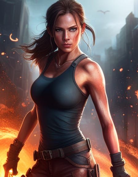 Lara Croft Portrait with Explosion, Hyperdetailed Art