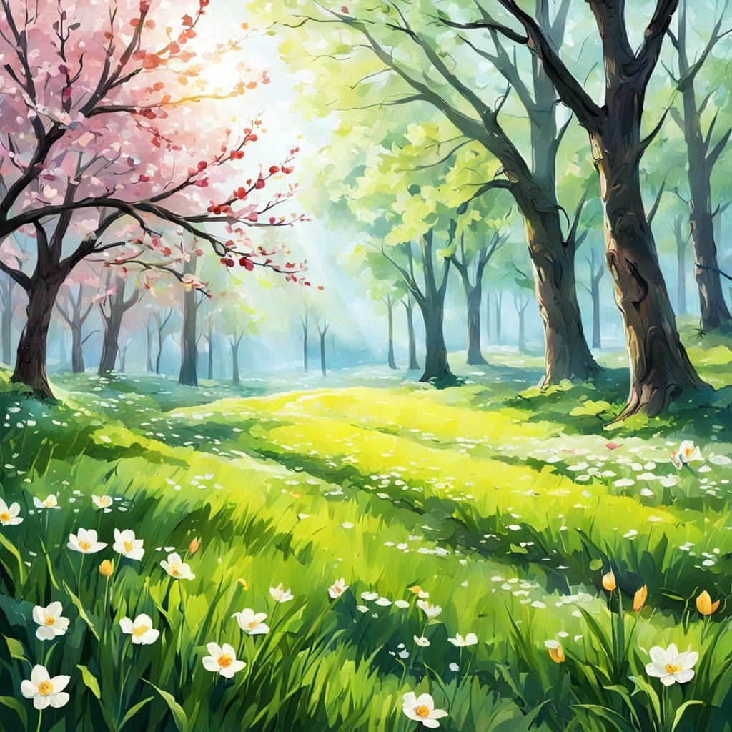 Lush Spring Morning in Vibrant Watercolor
