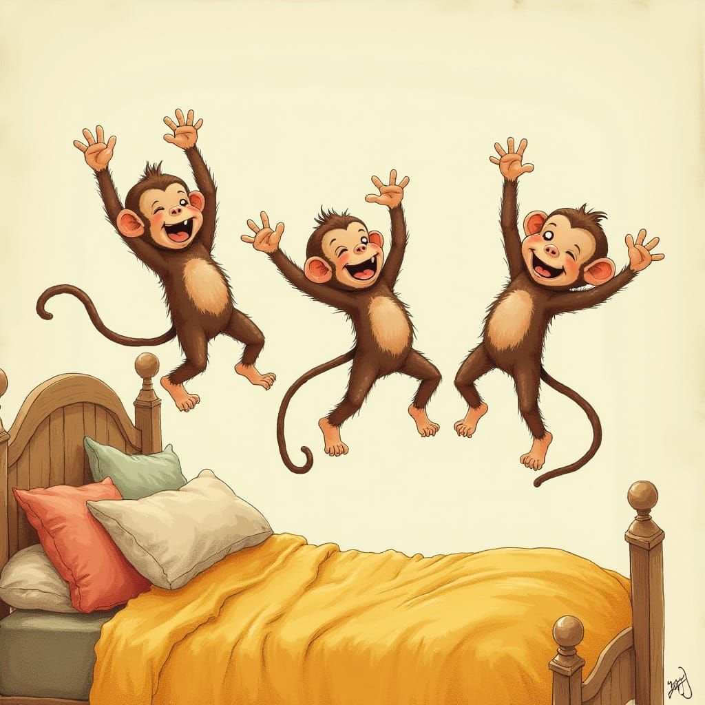 Whimsical Monkeys Leap on a Cozy Bed in a Vibrant Illustrati...