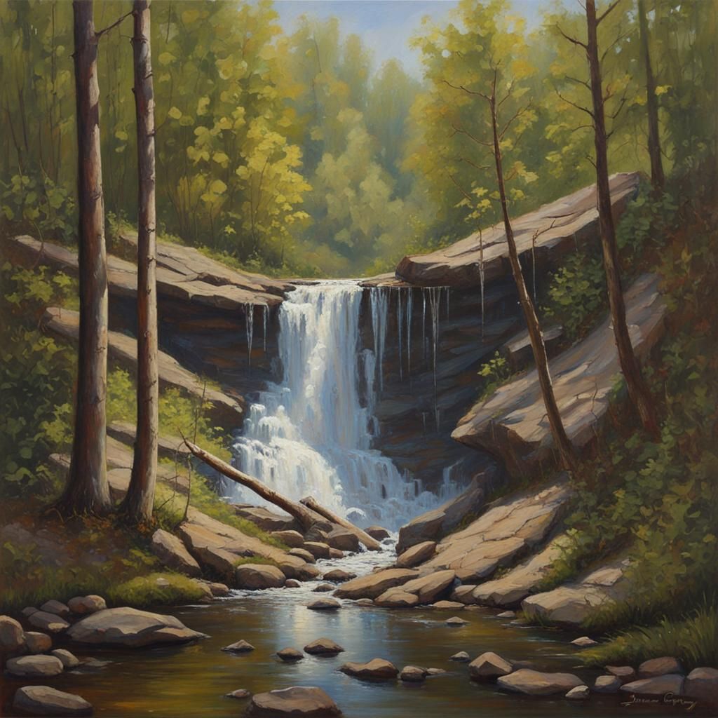 Lush Waterfall Scene as Oil Painting