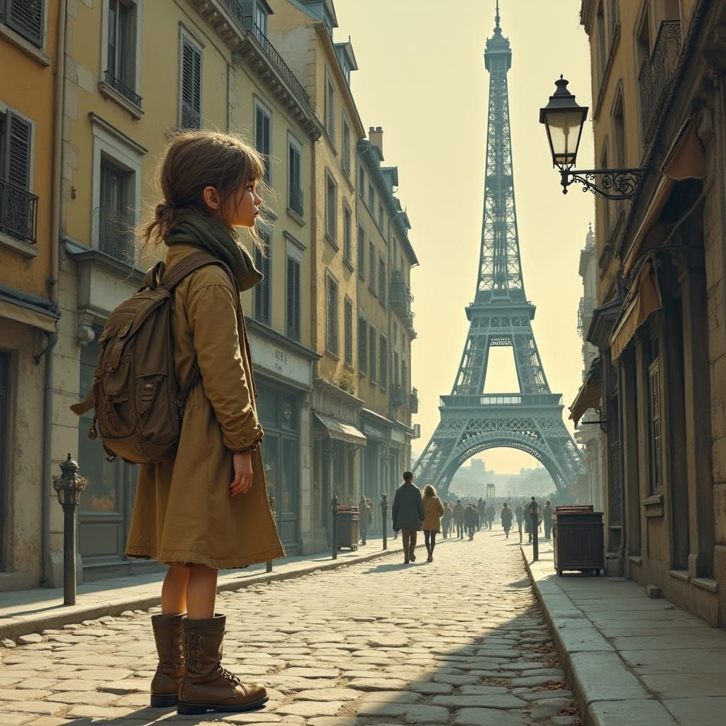 Girl on Cobblestone Street Gazing at Eiffel Tower Poster in ...