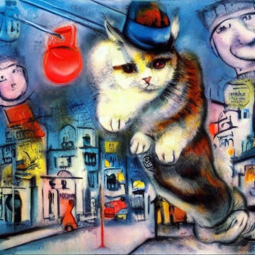 Cartoon Cat Pursues Street Food in Wild West, Naive Art