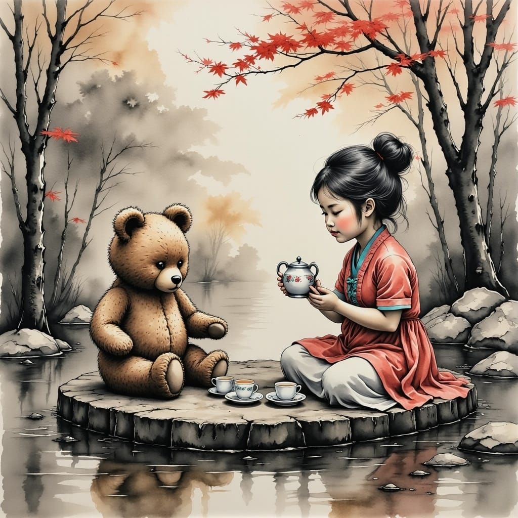 Miao Girl's Tea Party in Ashy Ink Style