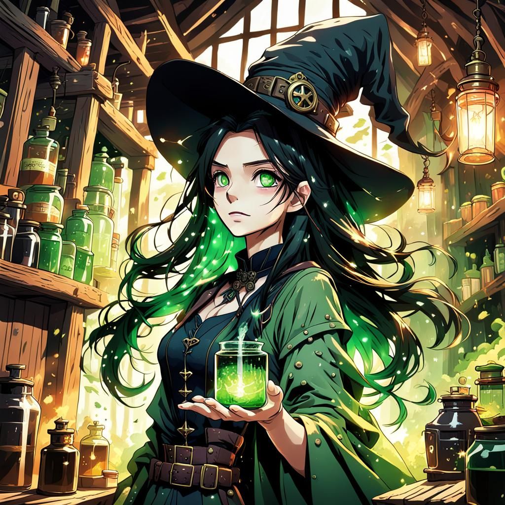 Gothic Steampunk Witch Brewing Potions, Anime Style
