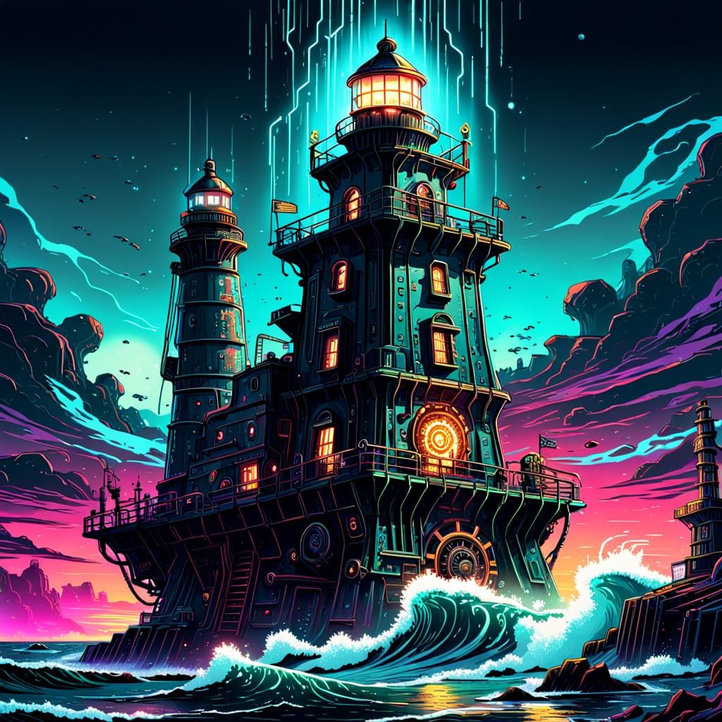 Clockwork Lighthouse in Cyberpunk Style