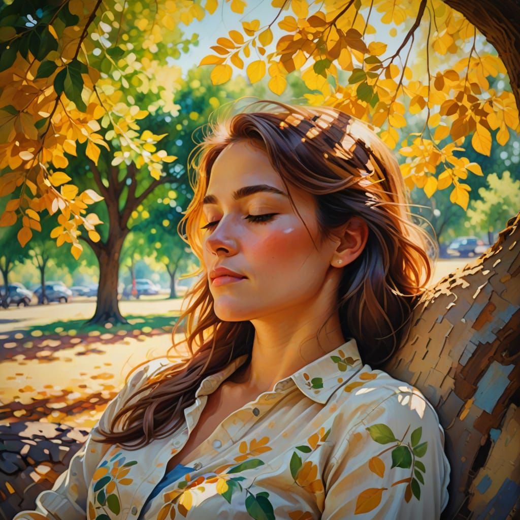 Woman Sleeping Under Tree in Impressionistic Style
