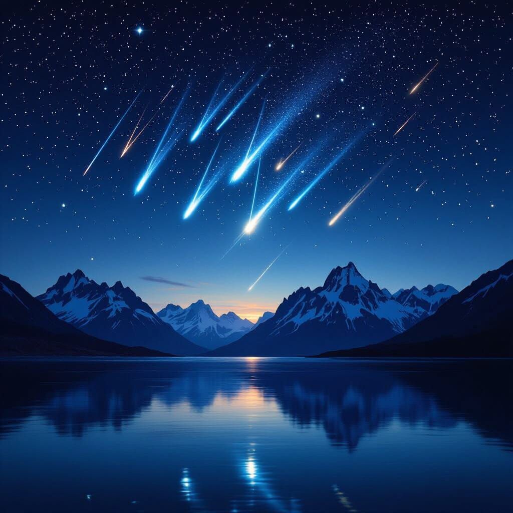 Meteor Shower Over Mountains Reflecting in Sea
