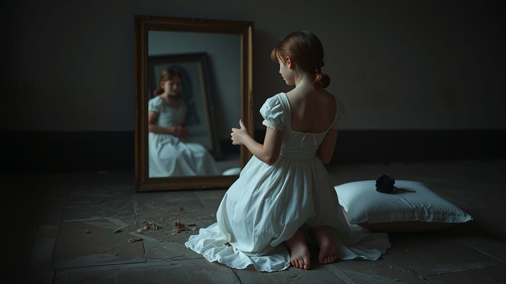 Ethereal Girl in Shattered Mirror: Horror Scene