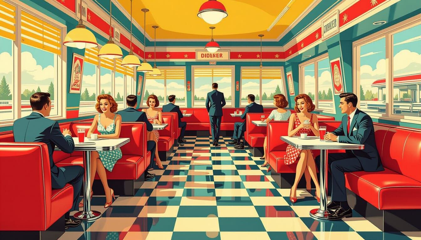 Vibrant 1950s Diner Scene in Mid-Century Poster Style