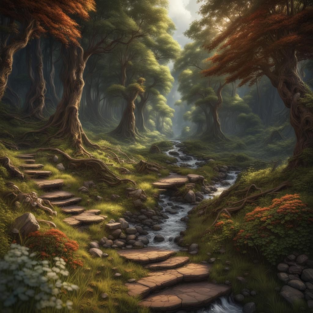 Mountain Stream Path in Detailed Matte Painting