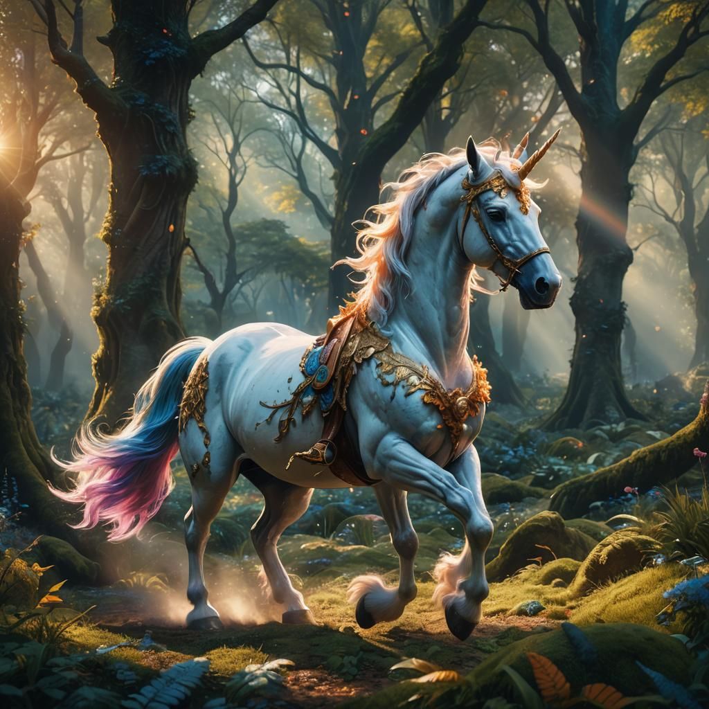 Mighty Unicorn Prances Through Enchanted Forest Glade