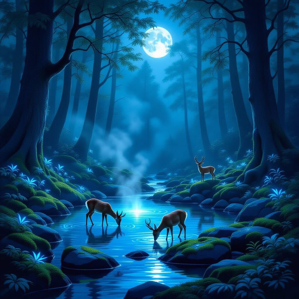 Magical Forest Sanctuary with Glowing Plants and Deer