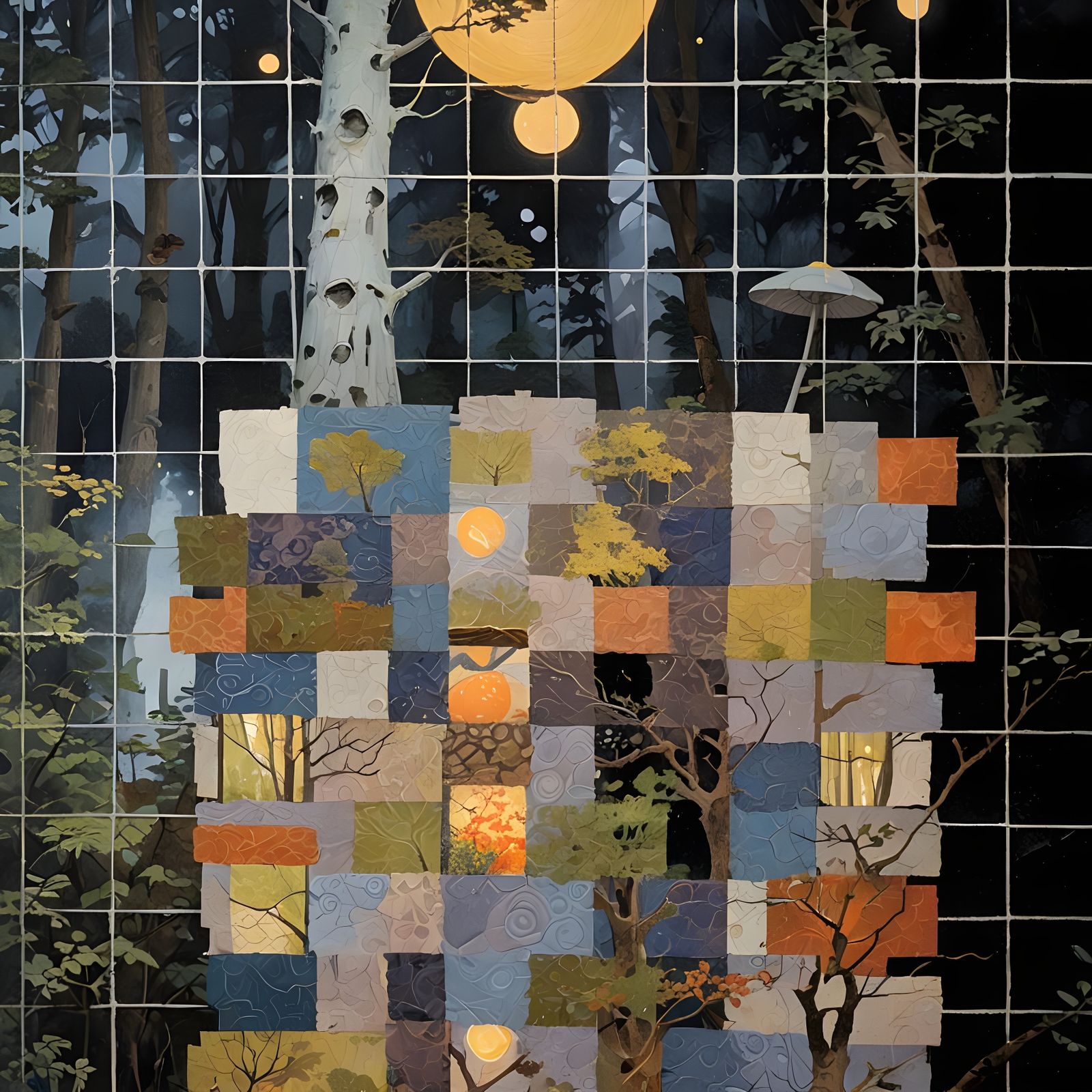 Whimsical Nighttime Forest Encampment in Vibrant Colors