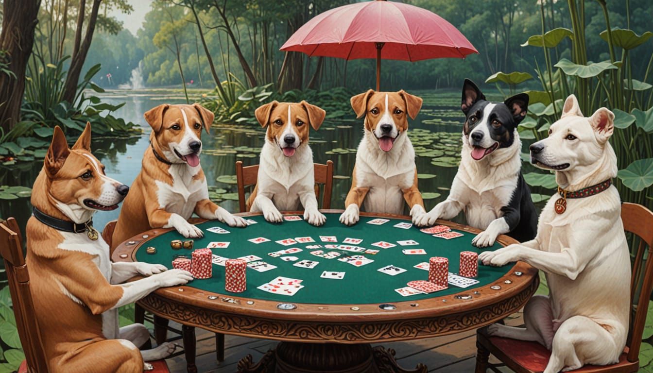 Dogs Playing Poker on Lotus, Woodcut Kinetic Pointillism