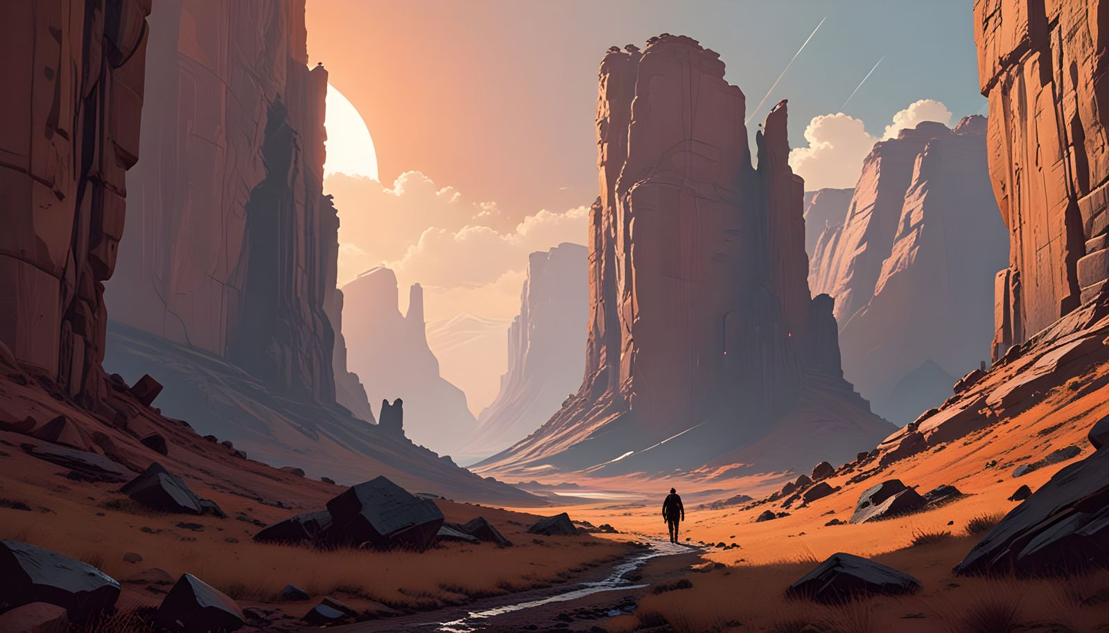 Mysterious Wanderer Stands Before Ancient Beast's Shadow